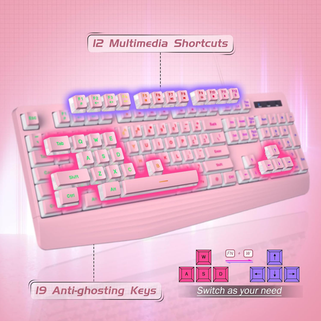 yesbeaut Teclado cremoso rosa, retroiluminación LED arcoíris, tecla...
