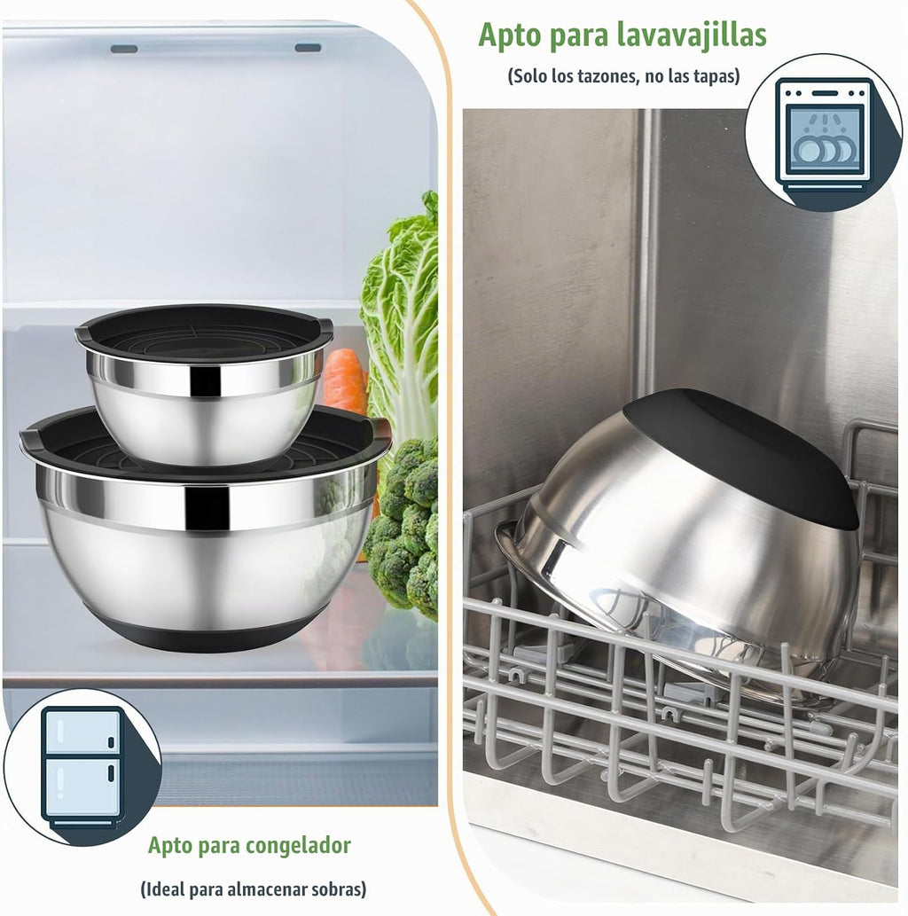 P&P CHEF - Juego de cuencos de mezcla con tapa, 5 piezas de cuencos de acero inoxidable para anidación y almacenamiento de ensaladas, 3 accesorios para rallar y fondos antideslizantes, tamaño 1/1.5/2