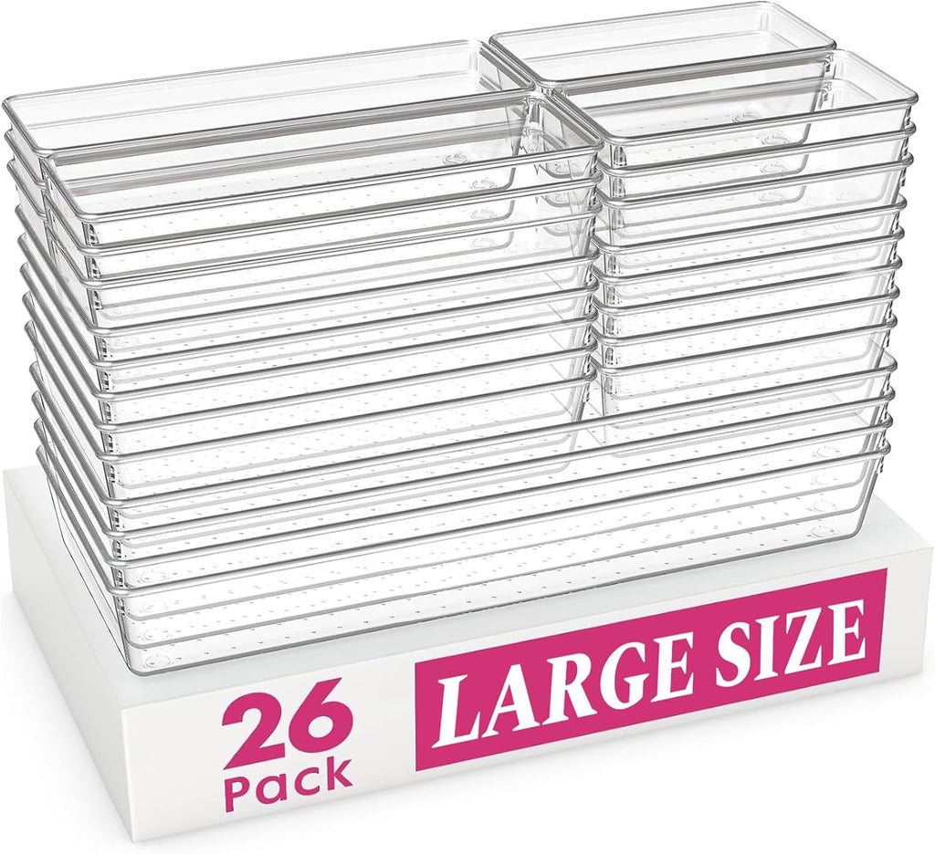 Paquete de 26 cubos organizadores de cajones grandes, organizadores completos de plástico transparente de 5 tamaños para utensilios de cocina, bandejas organizadoras de cajones de baño