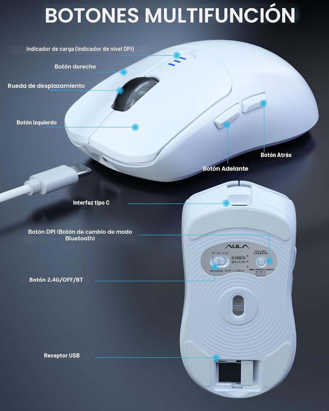 AULA SC580 Ratón Inalámbrico para Juegos, Ratón de Juego Tri-Modo 2...