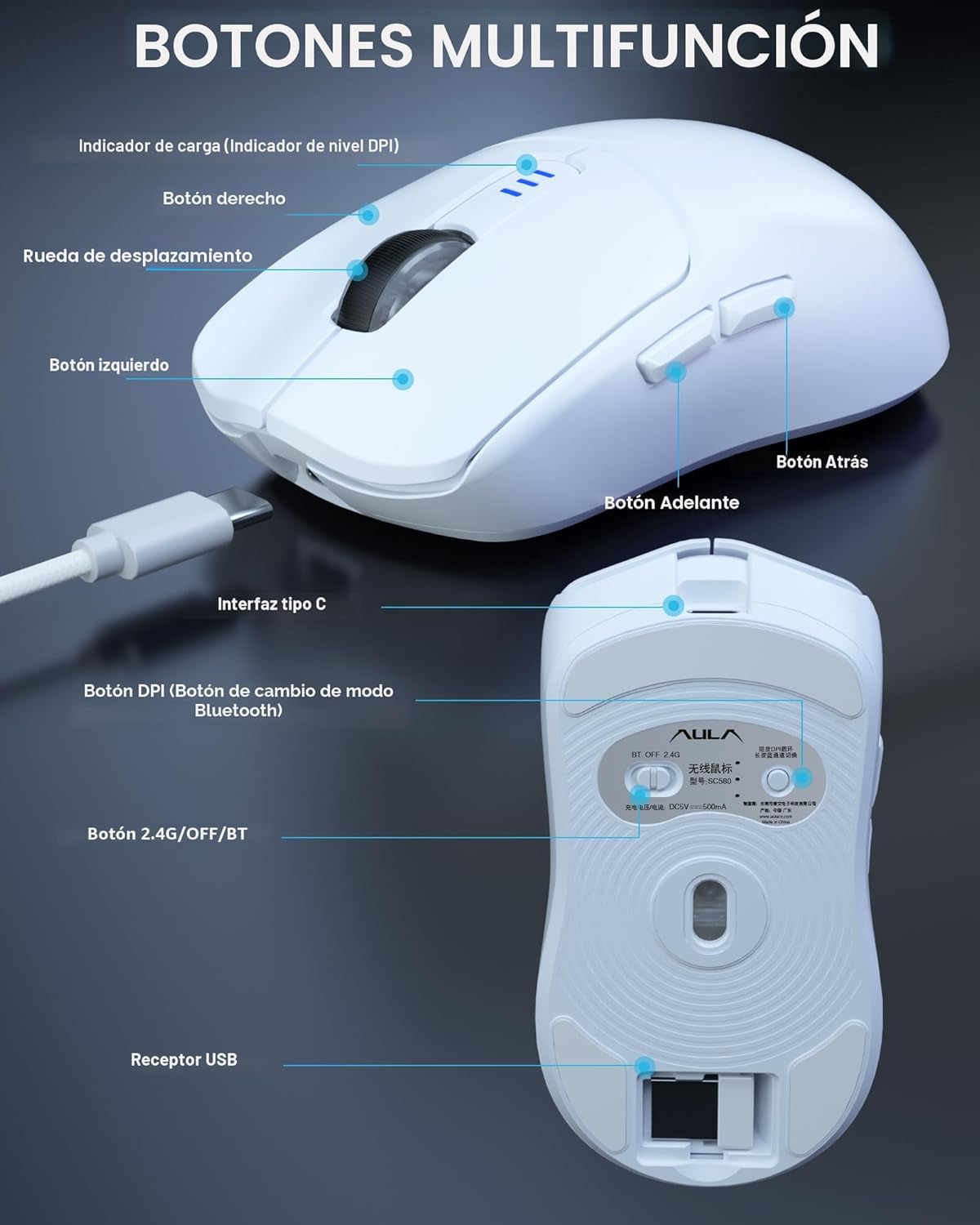 AULA SC580 Ratón Inalámbrico para Juegos, Ratón de Juego Tri-Modo 2...