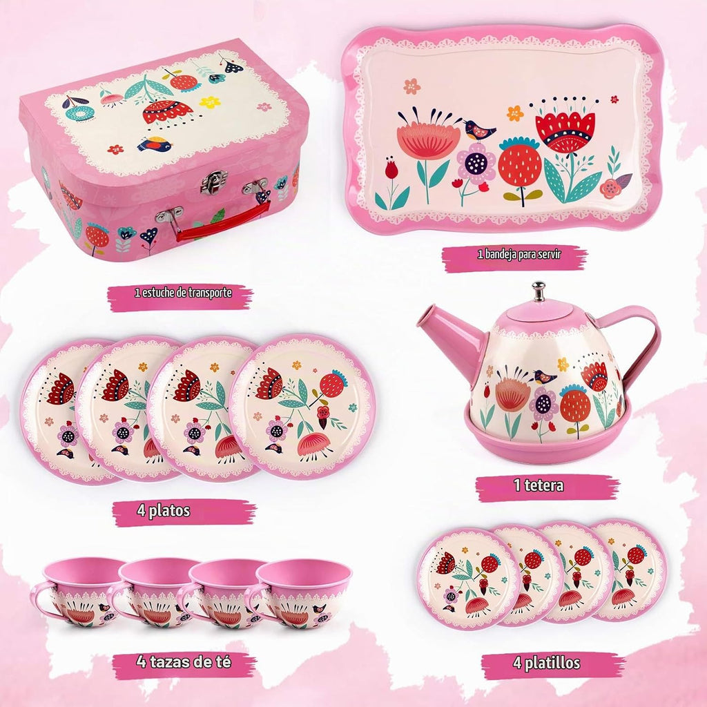 D-FantiX Juego de té para niñas pequeñas, 15 piezas, juego de té de lata