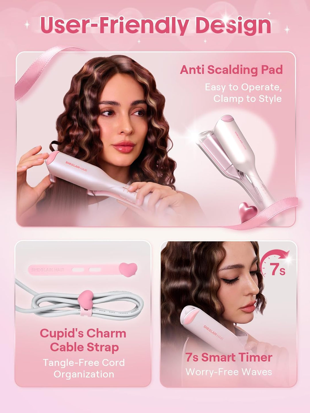 SHEGLAM Ondulador de cabello ondulado de playa (rosa, 0.75 pulgadas)