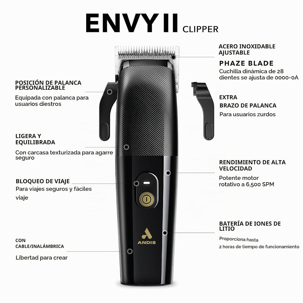 Andis Envy II cortadora de cabello inalámbrica, cortadora de barba y cabello eléctrica profesional de iones de litio, cuchilla Phaze, inalámbrica, negra