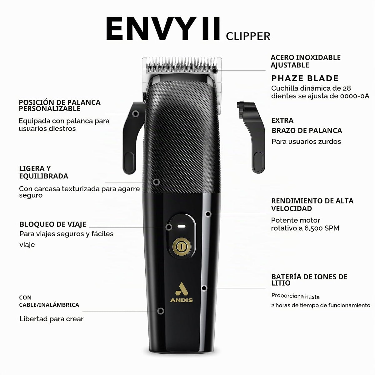 Andis Envy II cortadora de cabello inalámbrica, cortadora de barba y cabello eléctrica profesional de iones de litio, cuchilla Phaze, inalámbrica, negra
