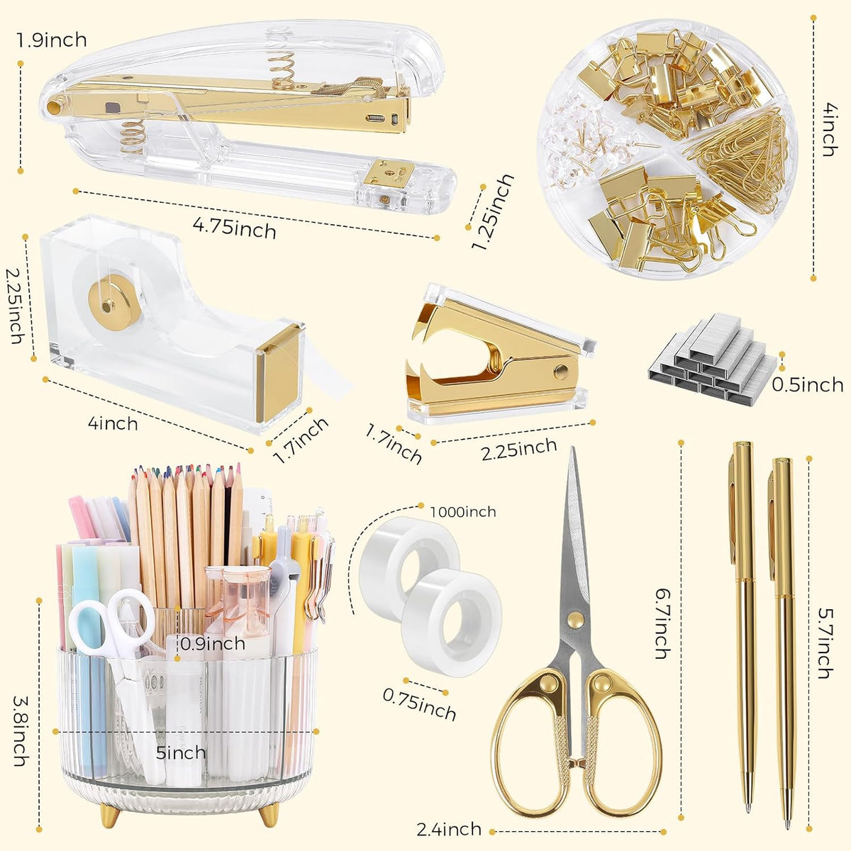 SKYDUE Juego de suministros de oficina dorados, soporte para lápices para escritorio, bolígrafo de gel, grapadora, dispensador de cinta, tijeras, clips y 1000 grapas, decoración de oficina para