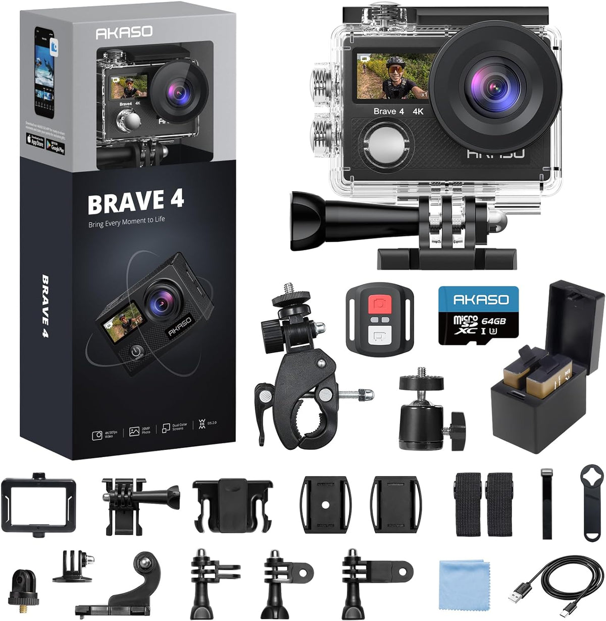 AKASO Brave 4 4K30fps 20MP WiFi Cámara de acción con paquete de tarjeta