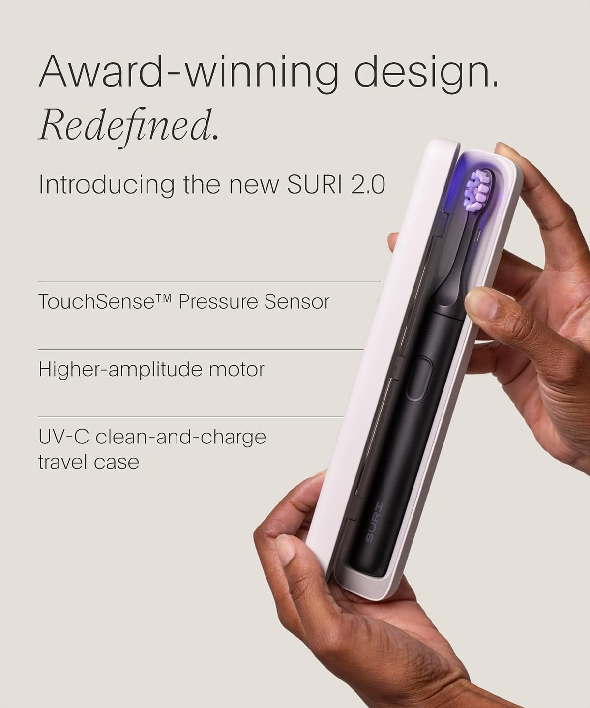 SURI Pro Sonic Cepillo de dientes eléctrico | Batería de más de 4 semanas | Estuche de viaje de limpieza UV | Sensor de presión | Cuerpo de aluminio | Temporizador de 2 minutos | Cabeza a base de