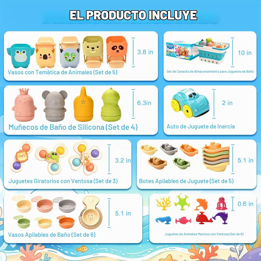 Juguetes de baño para bebés, juguetes de piscina, adecuados para niños y niños pequeños, juego 6 en 1 que incluye bote flotante, cuchara de baño y taza giratoria, juguetes de piscina y mesa de agua