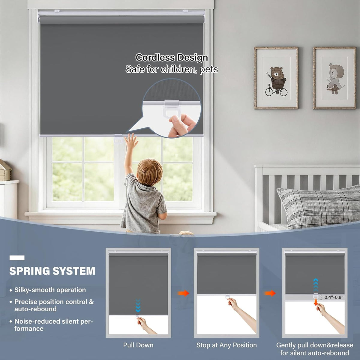 AOSKY Persianas Enrollables Sin Cable Opacas para Ventanas Oscurecimiento de Habitación Persianas Enrolladas con Sistema de Resorte, Protección UV Persianas de Ventana Persianas de Puerta para Hogar y