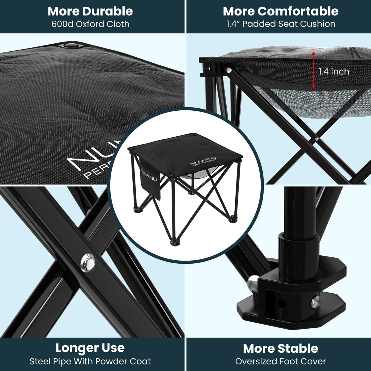 Taburete de campamento plegable acolchado para adultos, reposapiés y