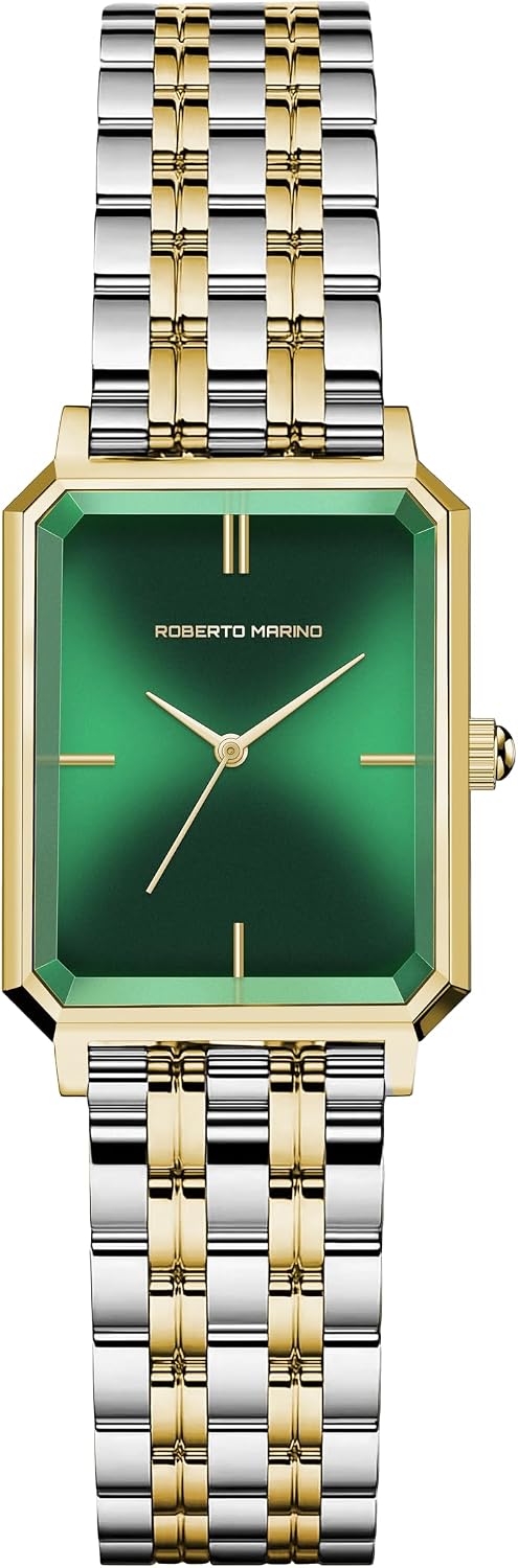 Roberto Marino RM1982 Reloj de Lujo para Mujer Rectangular en Oro – Movimiento de Cuarzo Japonés, Diseño Vintage de Acero Inoxidable, Esfera Plateada, Elegante Pieza de Vestir, Resistente al Agua 3ATM