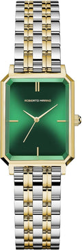 Roberto Marino RM1982 Reloj de Lujo para Mujer Rectangular en Oro – Movimiento de Cuarzo Japonés, Diseño Vintage de Acero Inoxidable, Esfera Plateada, Elegante Pieza de Vestir, Resistente al Agua 3ATM