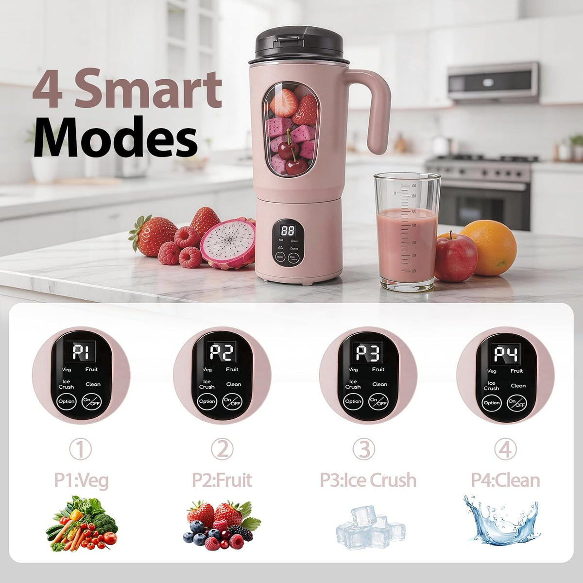 Licuadora portátil para batidos, 580ML USB-C recargable Juicer Cup (rosa)