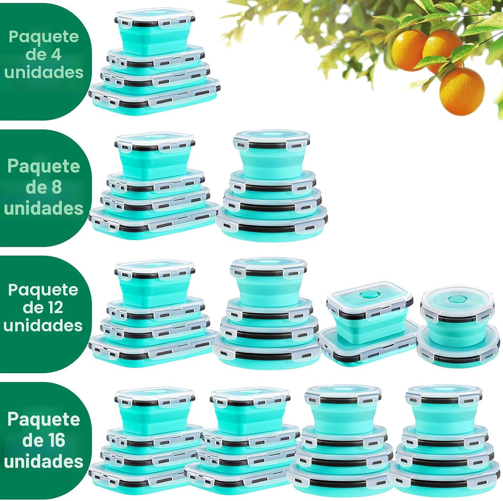 Sudaya Paquete de 8 recipientes plegables de almacenamiento de alimentos con tapas, juegos de recipientes de almacenamiento plegables de silicona para camping, accesorios de caravana, remolque de viaje imprescindible