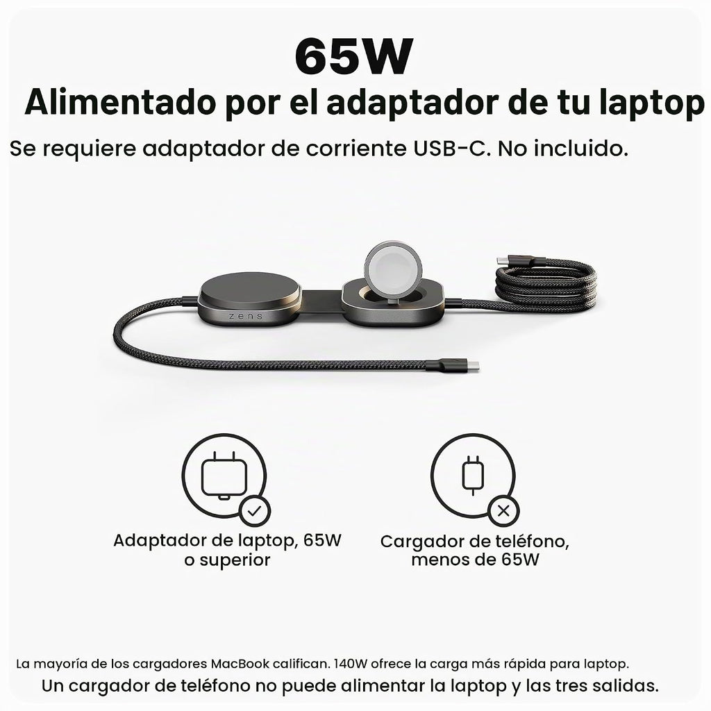 ZENS MagSafe - Cable cargador USB-C con cargador de Apple Watch para MacBook y iPhone, Qi2 de 15 W, requiere adaptador de 65 W+, no incluido, cable Pro 3, certificado MFi, 4.9 pies, color negro