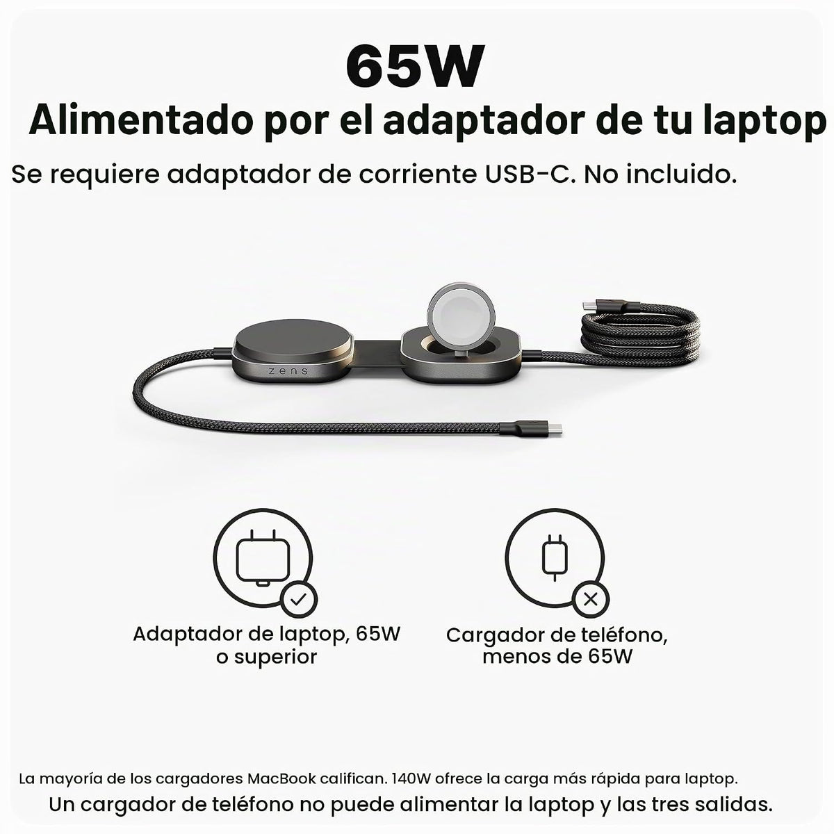 ZENS MagSafe - Cable cargador USB-C con cargador de Apple Watch para MacBook y iPhone, Qi2 de 15 W, requiere adaptador de 65 W+, no incluido, cable Pro 3, certificado MFi, 4.9 pies, color negro