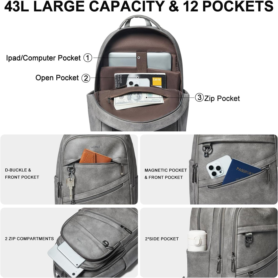 LATMAP Mochila de 43L para mujer: mochila de cuero vegano para lapt...