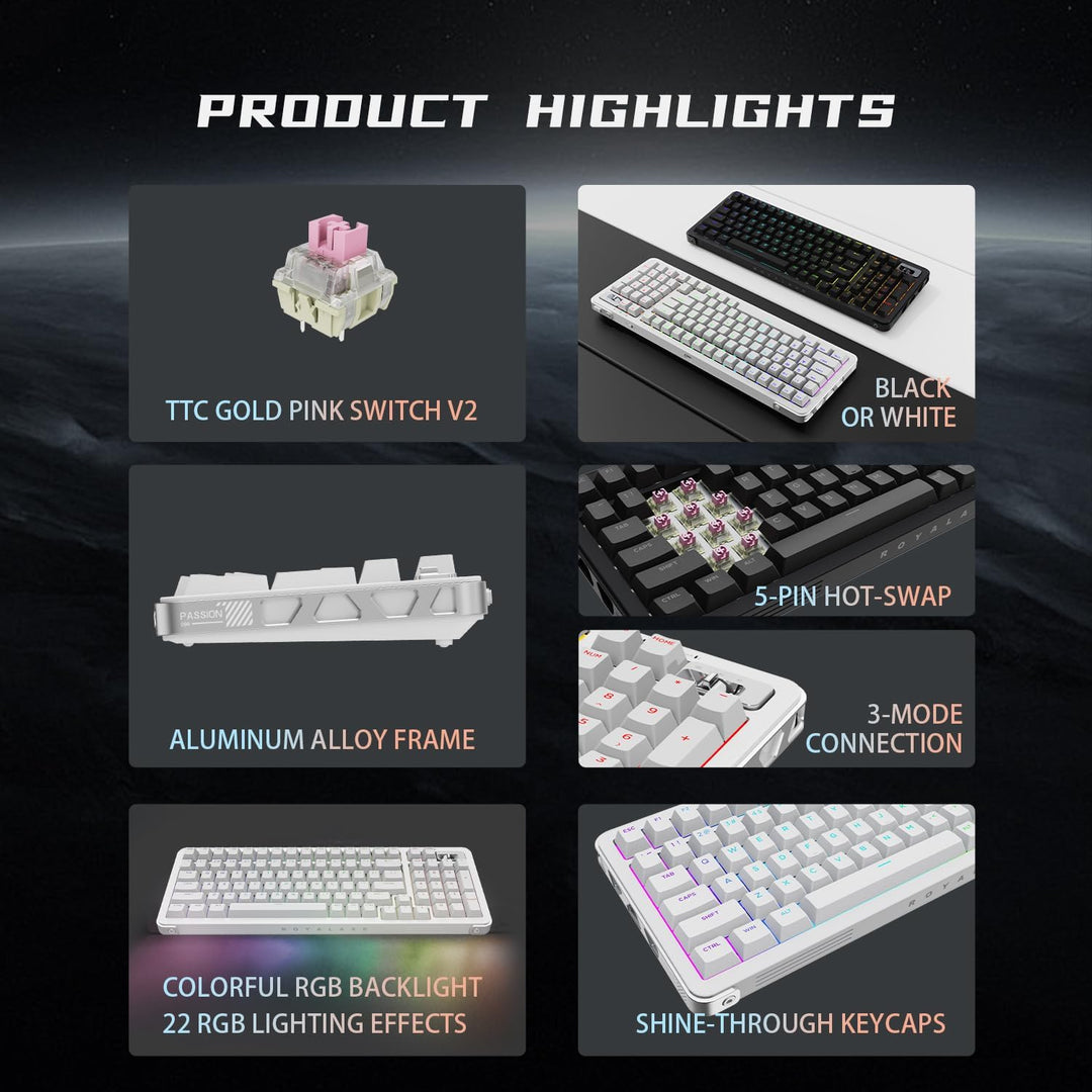ROYALAXE - Teclado mecánico inalámbrico al 98%, BT\/2.4G\/USB-C Tri...