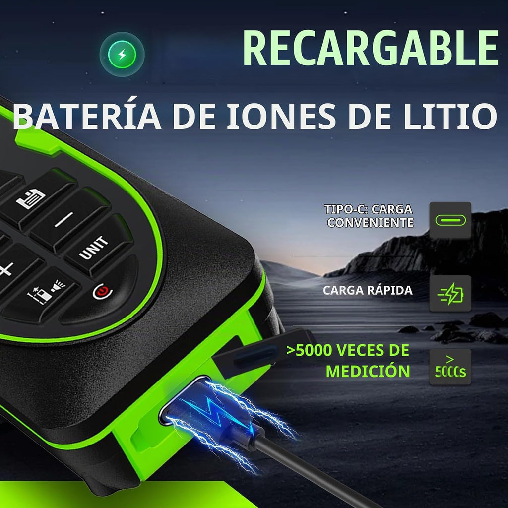 Medidor de Distancia Láser Verde USB-C Recargable Sensor de Ángulo XY en Vivo