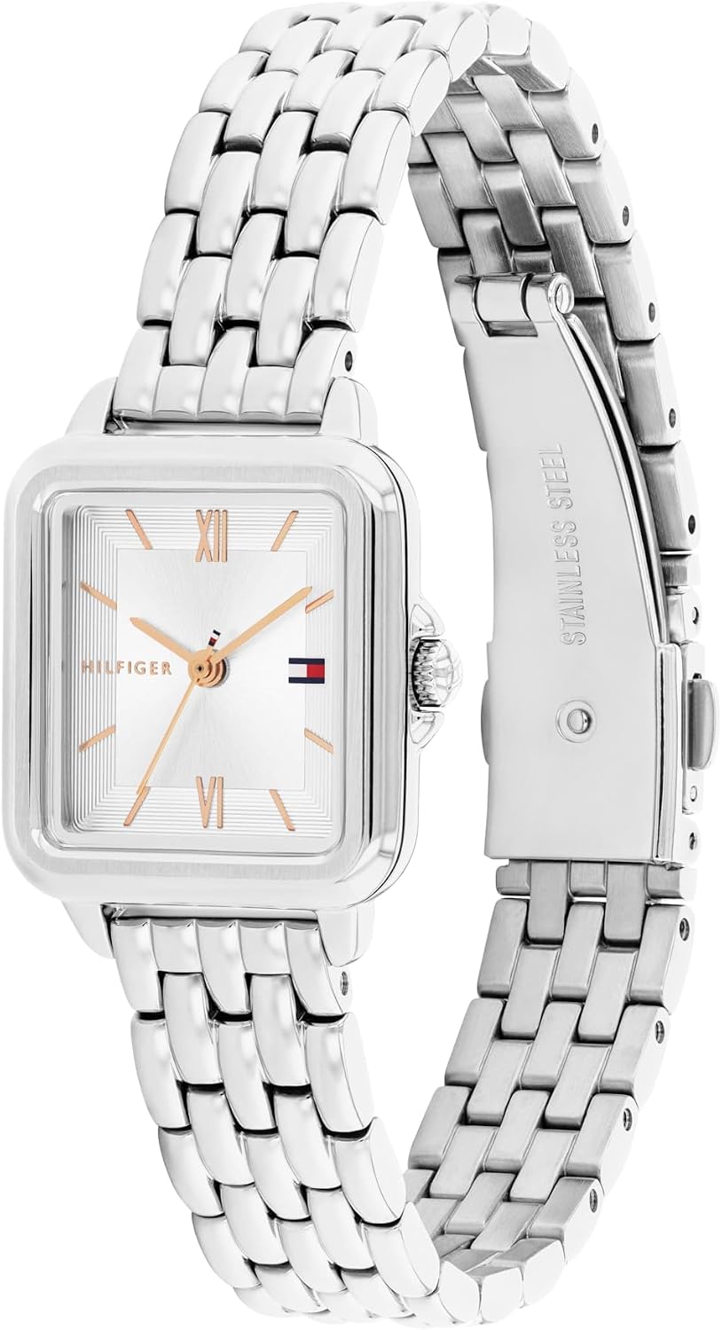 Tommy Hilfiger - Reloj de cuarzo para mujer, mini 24mm, caja de acero inoxidable en forma de tanque, números romanos, brazalete de eslabones, estilo casual de vestir - Regalo para ella