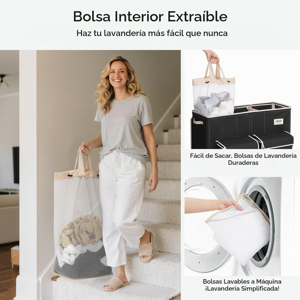 SOLEDI Cesta para ropa sucia de 220 litros de 3 secciones con tapa y 2