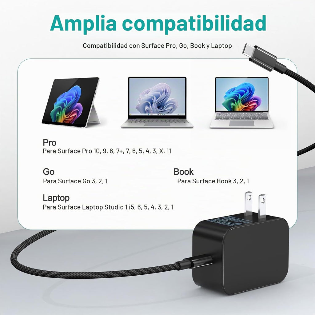 Nuevo cargador de superficie de 65 W con enchufe de CA plegable, compatible con cargador Surface Pro 13 11, 12, 10, 9, 8, 7+, 7, 6, 5, 4, 3, X, Surface Book3, 2, 1, laptop y tableta, compatible con