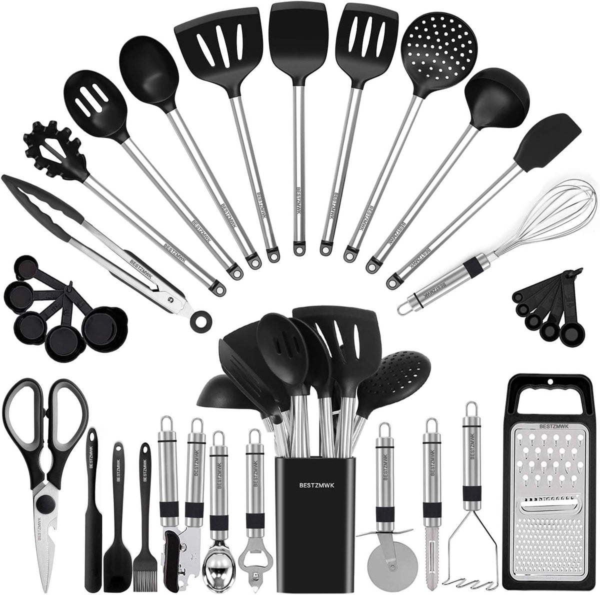 Juego de utensilios de cocina de silicona, 33 utensilios de cocina y cucharas para utensilios de cocina antiadherentes, juego de espátulas de silicona y acero inoxidable, las mejores herramientas de