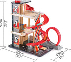 Hape Gearhead Stunt Garage - Juego de Garaje de Estacionamiento de Autos de Juguete de Madera para Niños con Ascensor y 2 Pistas de Salida, Bucle Desmontable, Incluye 2 Autos de Carreras de Juguete de