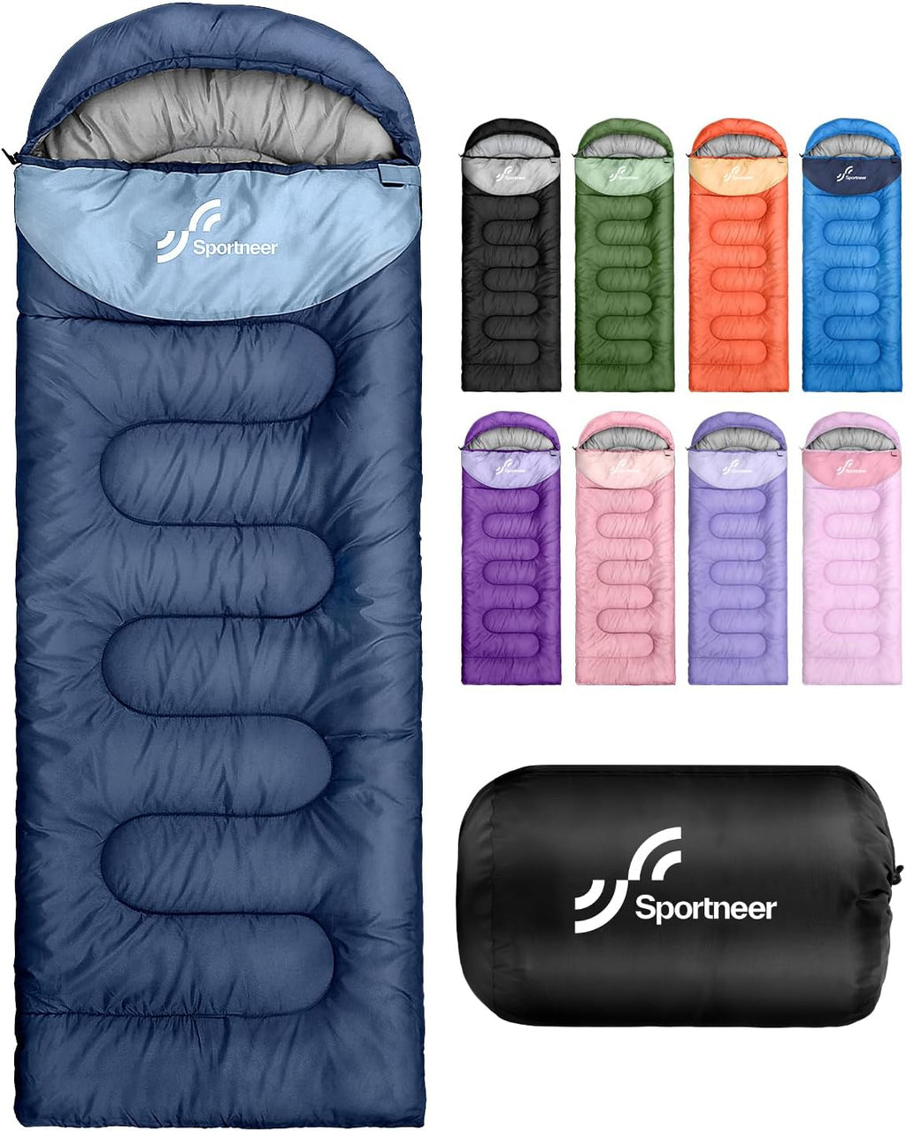 Sportneer Saco de dormir, 3 estaciones, cálido y frío, saco de dormir para adultos, niños y niñas, con saco de compresión, accesorios ligeros para equipo de camping, mochileros, senderismo