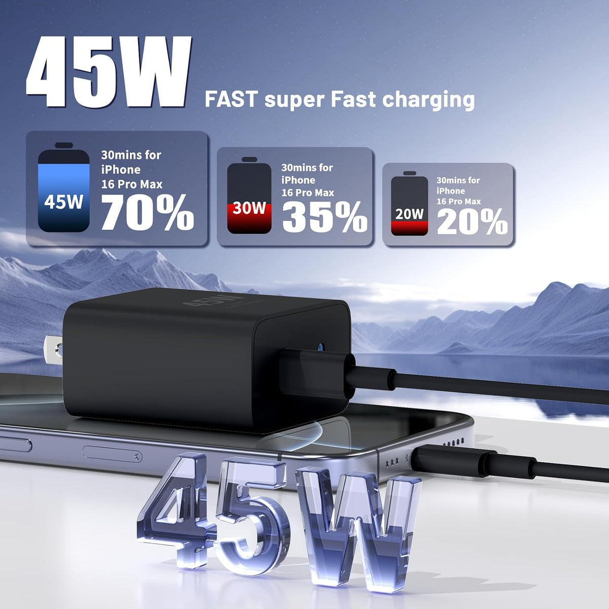 QZIIW Cargador súper rápido Samsung tipo C, bloque de carga rápida USB C de 45 W de doble puerto [paquete de 2] y cable USB C extra largo de 60 W de 3/6/10/10 pies - carga rápida PD 3.0 para Samsung