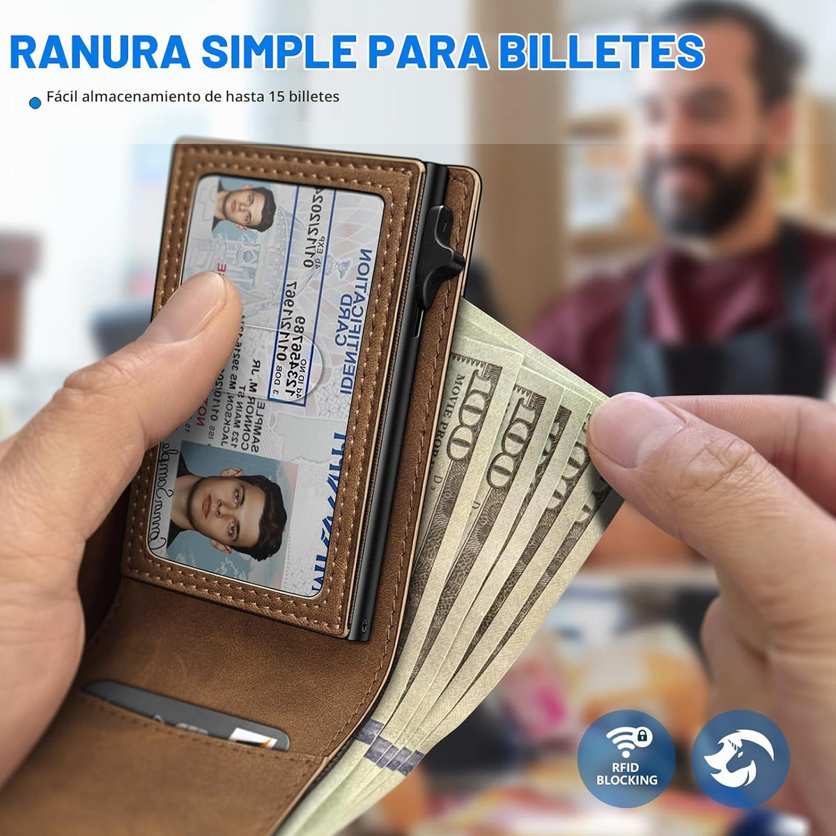Cartera para hombre, tarjetero desplegable delgado con bloqueo RFID, billetera plegable minimalista con 9 ranuras para tarjetas, ventana de identificación y bolsillo para efectivo, funda de