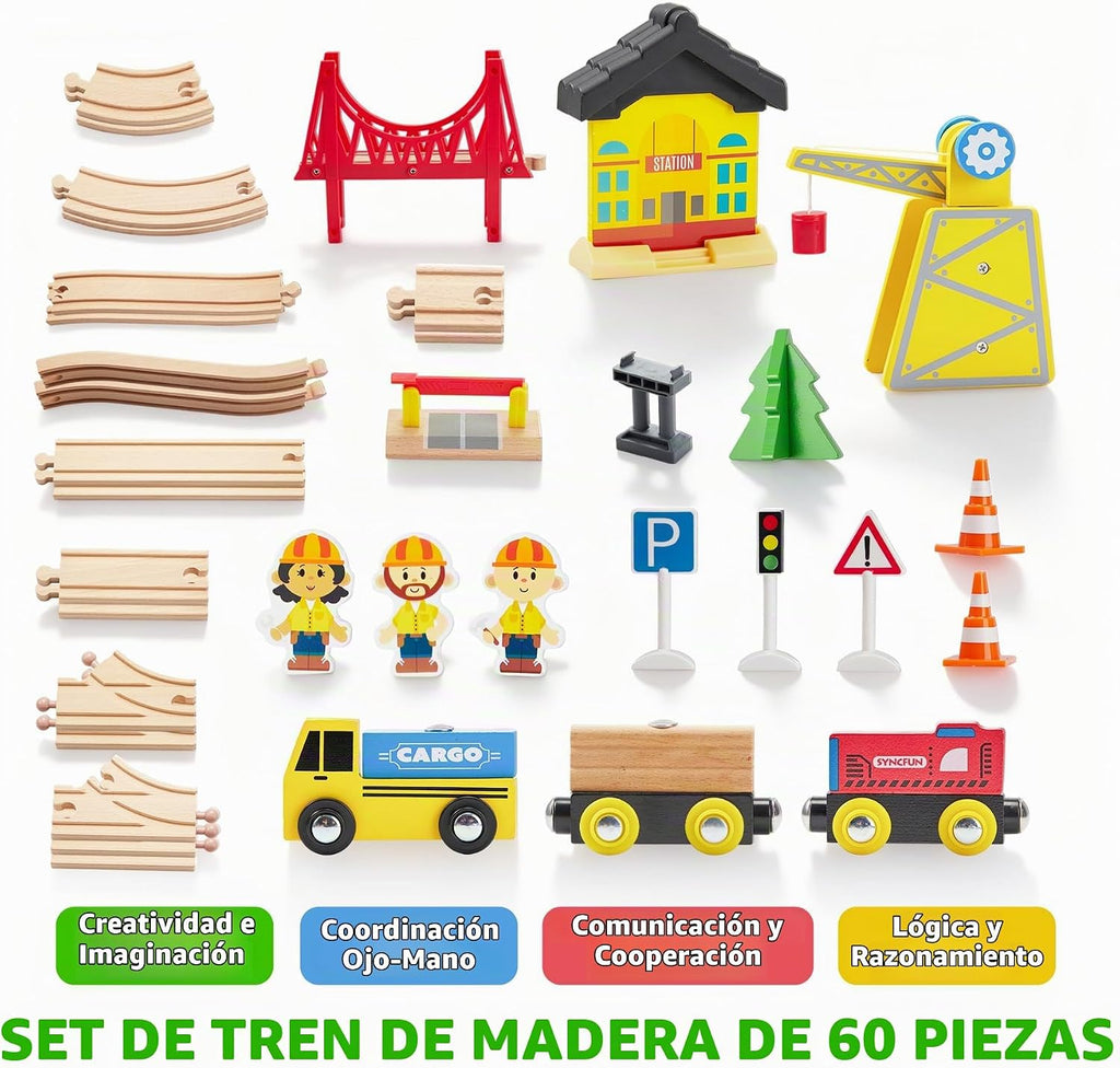 Juego de trenes de madera de 60 piezas, trenes magnéticos de juguete con pista de madera para niños de 3 a 8 años, juego de tren de grúa de construcción, regalo perfecto de cumpleaños de Pascua para nietos, niños y niñas
