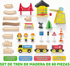Juego de trenes de madera de 60 piezas, trenes magnéticos de juguete con pista de madera para niños de 3 a 8 años, juego de tren de grúa de construcción, regalo perfecto de cumpleaños de Pascua para nietos, niños y niñas