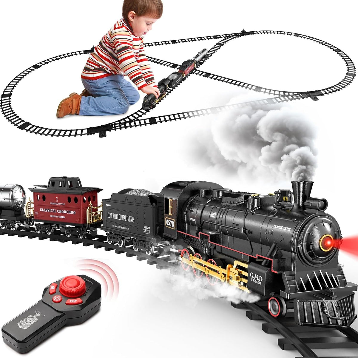 Hot Bee RC Train Set para Kids, Alloy Steam Locomotive con Cars y Tracks