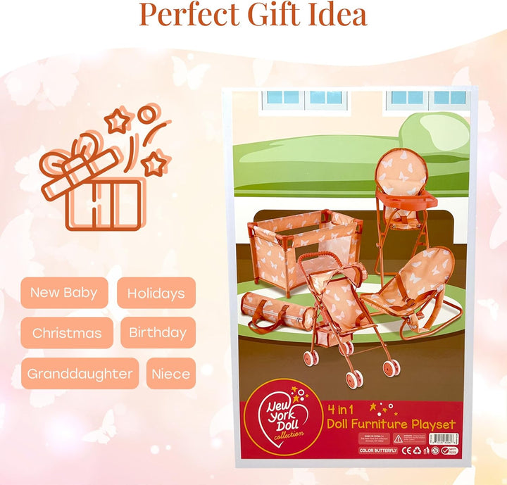 Juego de cochecito de muñeca bebé 4 en 1 con diseño de mariposa \u2...