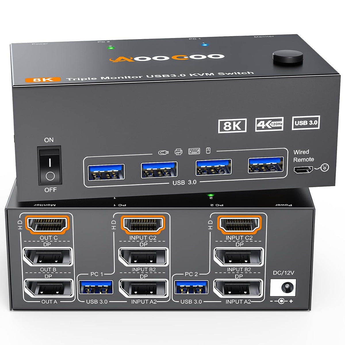 Conmutador KVM HDMI Displayport de 8K a 60Hz, 3 monitores, 2 computadoras, 4K@144Hz, conmutadores KVM de triple monitor con puerto USB 3.0, control remoto con cable, adaptador de corriente y cables