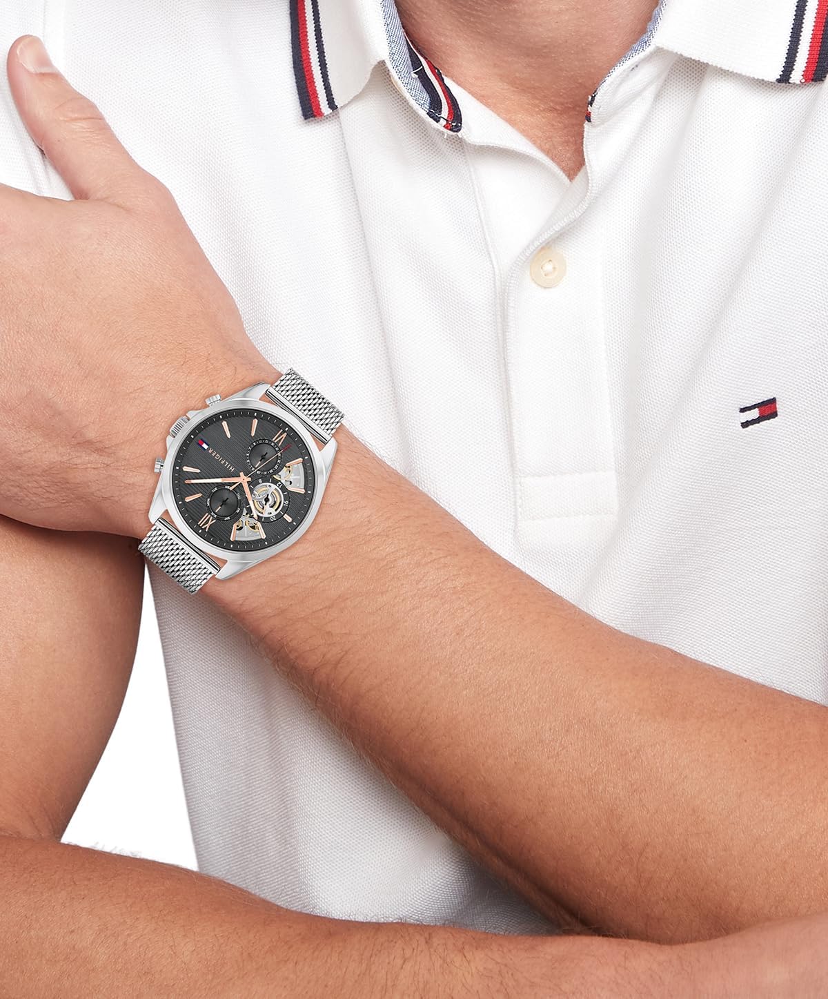 Tommy Hilfiger Reloj para hombre – Cuarzo Multifunción, caja de acero inoxidable de 1.732 in, esfera de esqueleto, pulsera de malla – Reloj de vestir para hombre