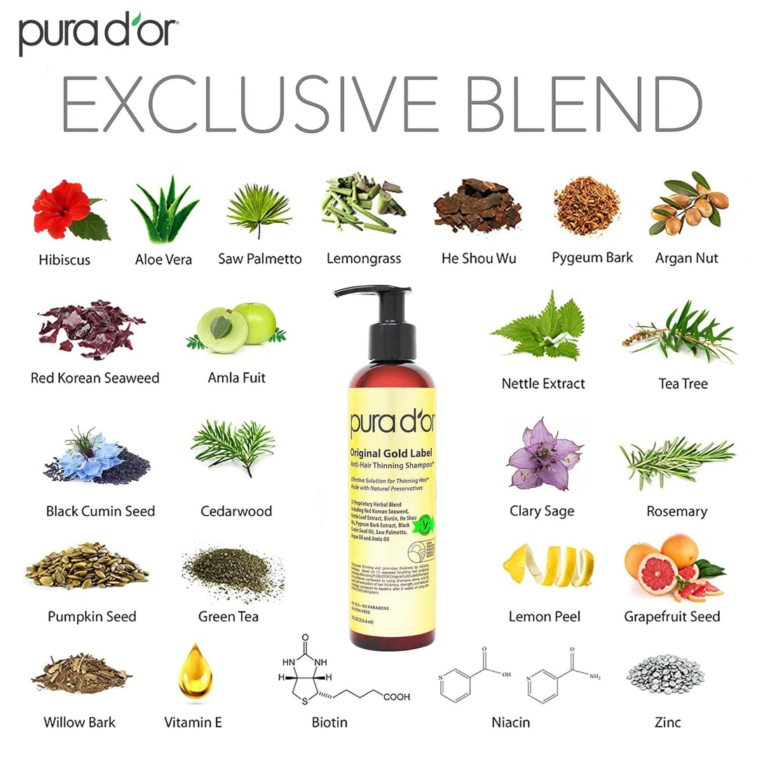 Pura D'or 8 Oz Champú de biotina original de etiqueta dorada an...