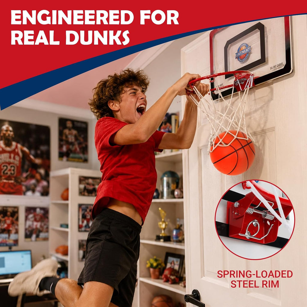 Aro de baloncesto interior sobre la puerta con balón silencioso