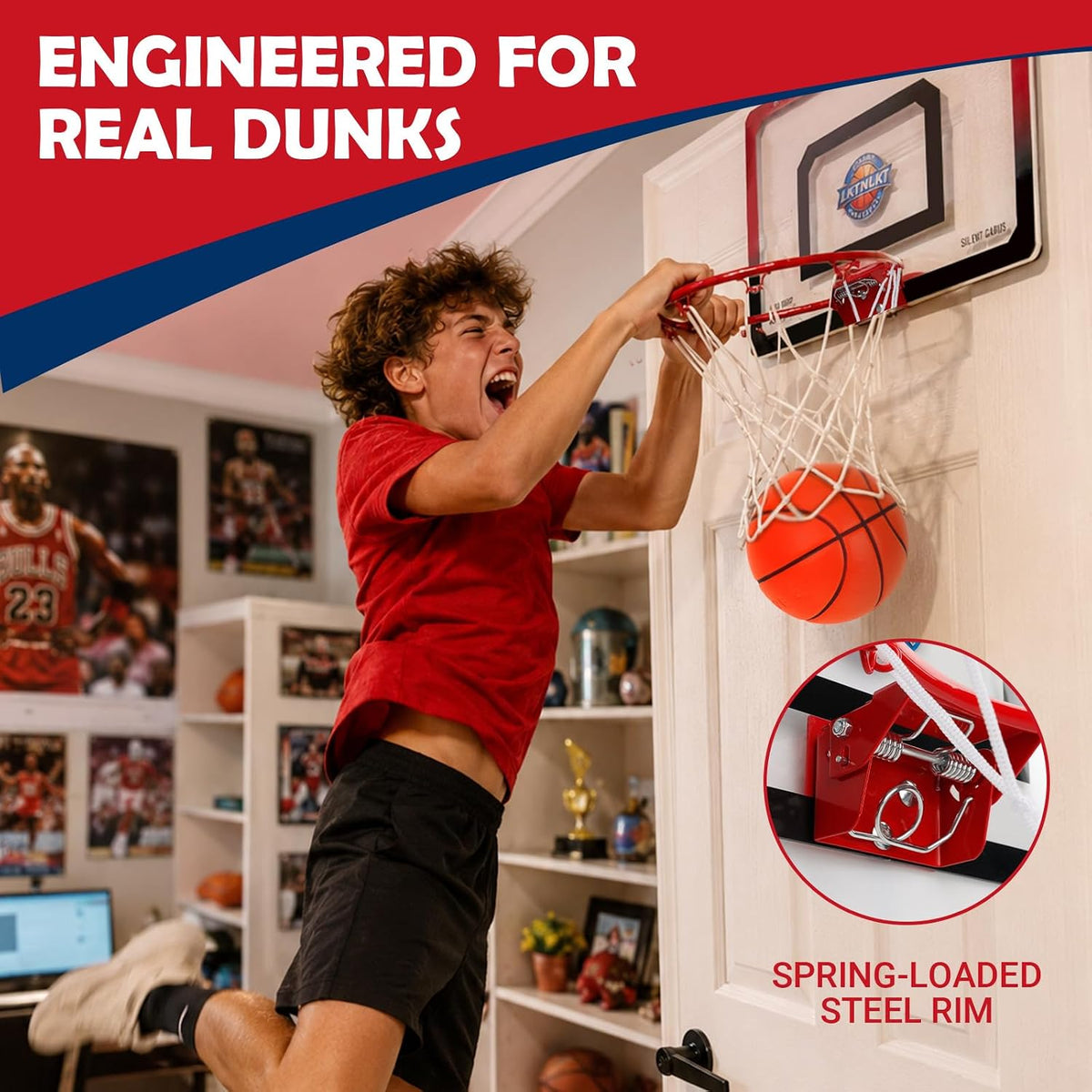 Aro de baloncesto interior sobre la puerta con balón silencioso