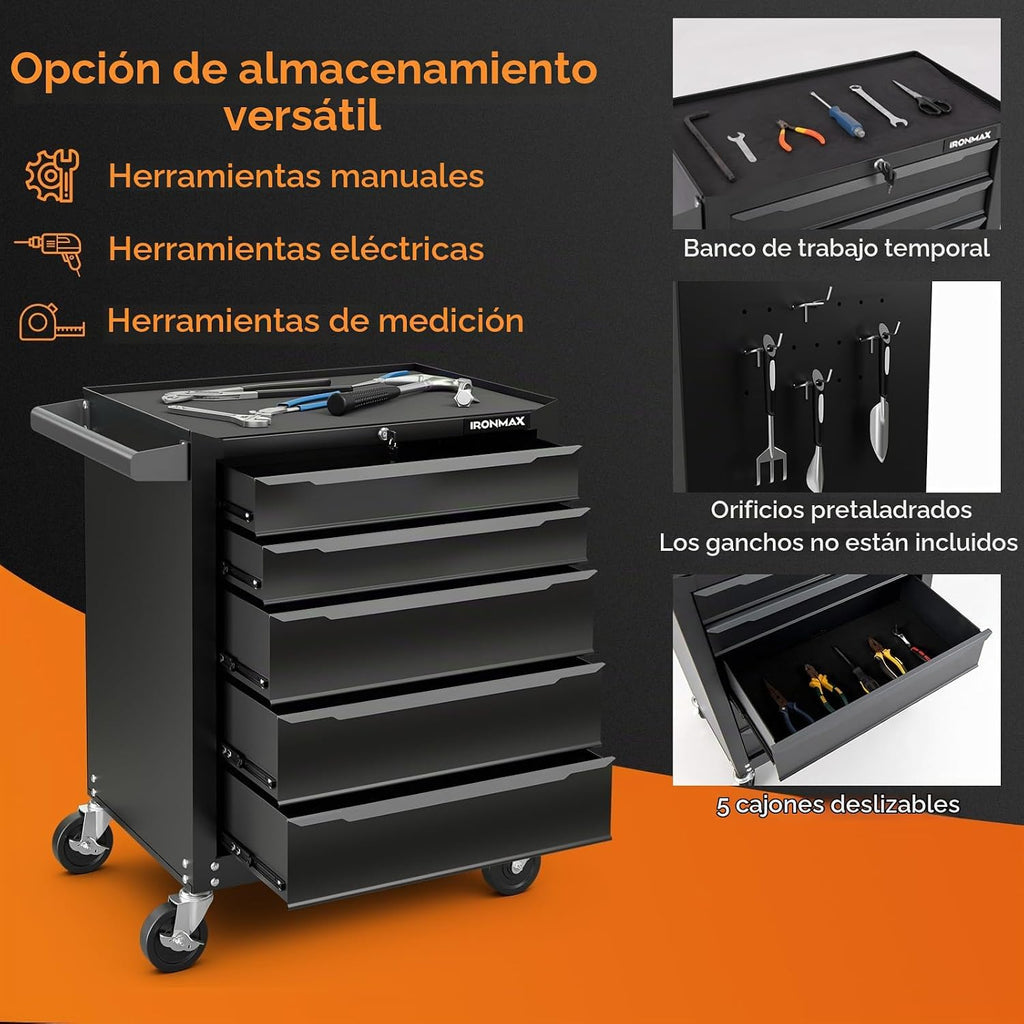 Goplus Cofre de herramientas con ruedas de 5 cajones, gabinete de almacenamiento de herramientas de acero con asa, agujeros para colgar, sistema de bloqueo con llave central