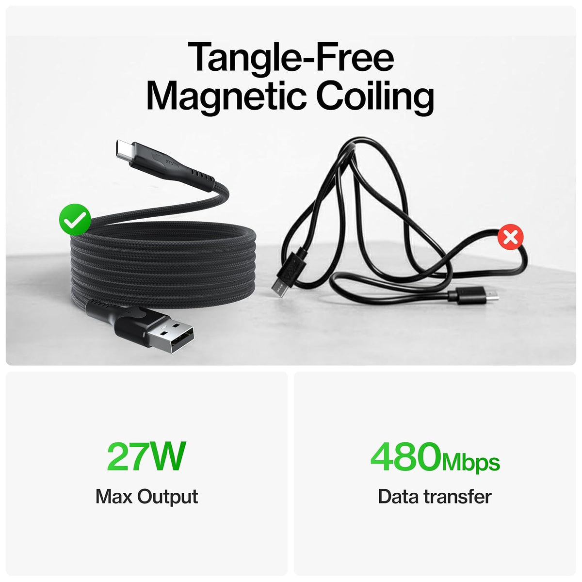 Statik MagStack - Cable USB a USB C, cargador A a tipo C, cable de carga rápida para teléfono, cable de carga magnético portátil para automóvil, compatible con iPhone 16 Pro Max, Galaxy S24, 27W 3FT