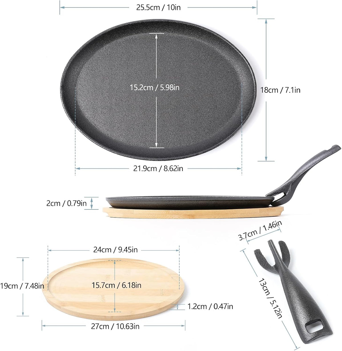 HAWOK Fajita de hierro fundido con bandeja de bambú y asa Juego de 4