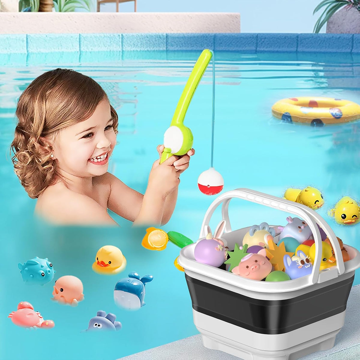 Anivia Organizador de almacenamiento de juguetes de baño plegable, soporte de juguetes de baño con base removible, almacenamiento/cesta de juguetes de bañera de secado rápido, soporte de juguetes de