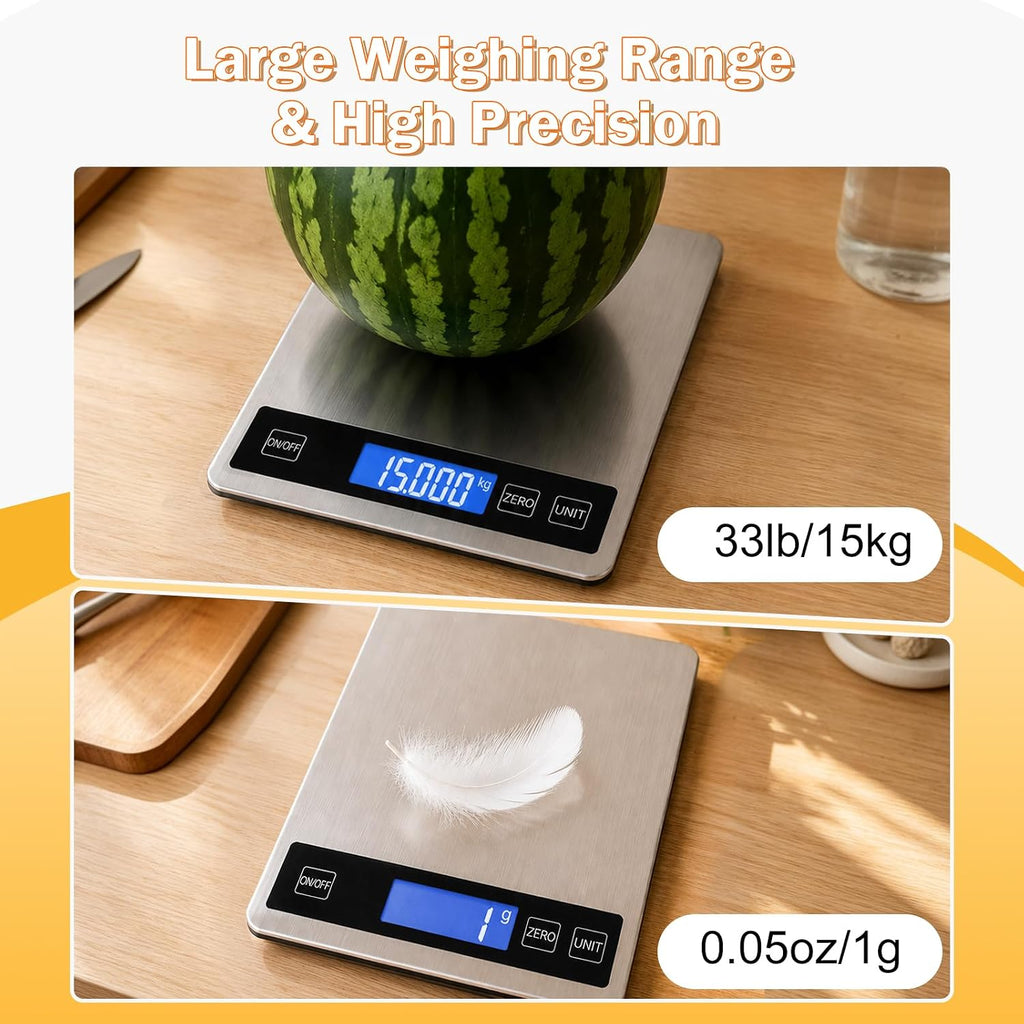 Báscula de alimentos de 33 libras, báscula digital de cocina con baterías y carga USB, graduación precisa de 1g/0.05oz, acero inoxidable impermeable con pantalla LCD, peso en gramos y onzas para
