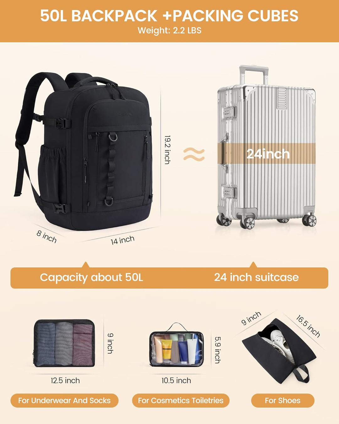 LOVEVOOK Mochila de viaje Mochila de transporte, Negro