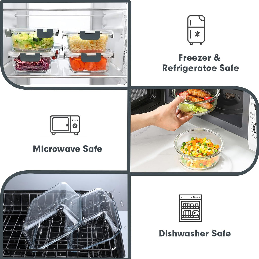 VERONES - Juego de 30 recipientes de vidrio para almacenamiento de alimentos con tapas, color gris