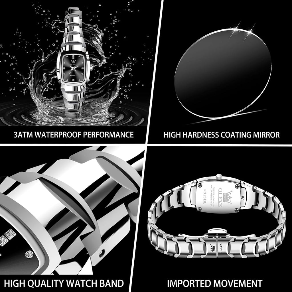 OLEVS Reloj para mujer Elegante de cara cuadrada pequeña con eslabones de acero tungsteno correa de pulsera, reloj de muñeca para damas, impermeable, luminoso, analógico de cuarzo de precisión, elegante reloj de vestir, joyería de lujo delicada