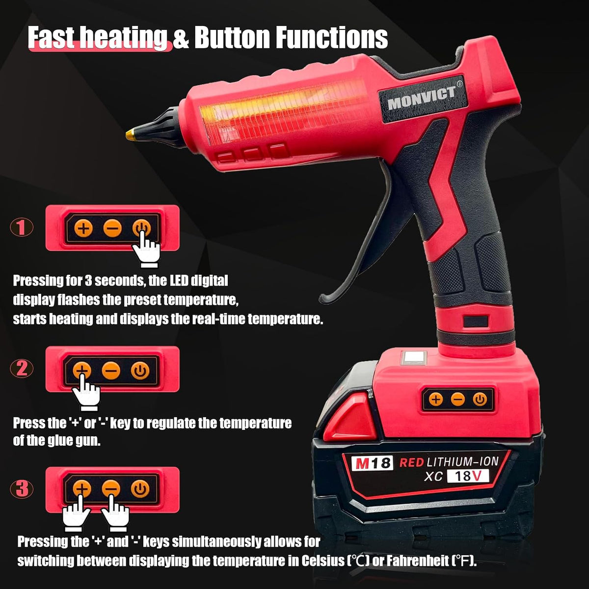 Pistola de pegamento caliente de 100W inalámbrica para batería Milwaukee 18V, pistola de pegamento caliente eléctrica portátil de tamaño completo de alta resistencia con temperatura digital